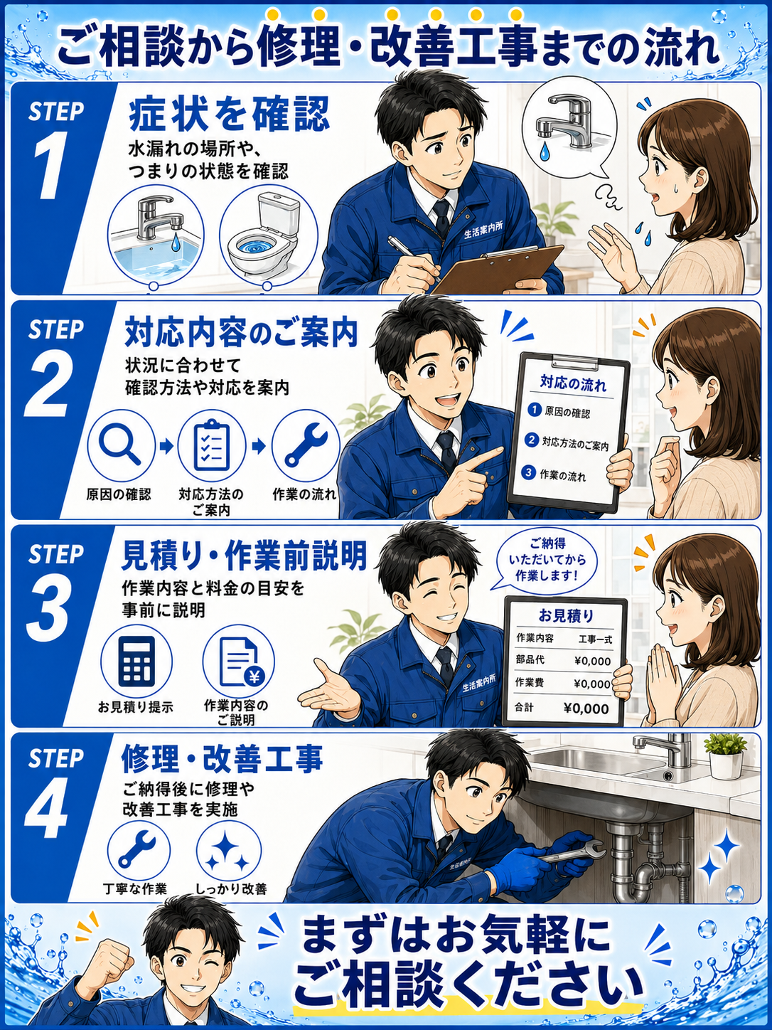 水回りトラブルのご相談から修理までの流れを紹介するマンガ
