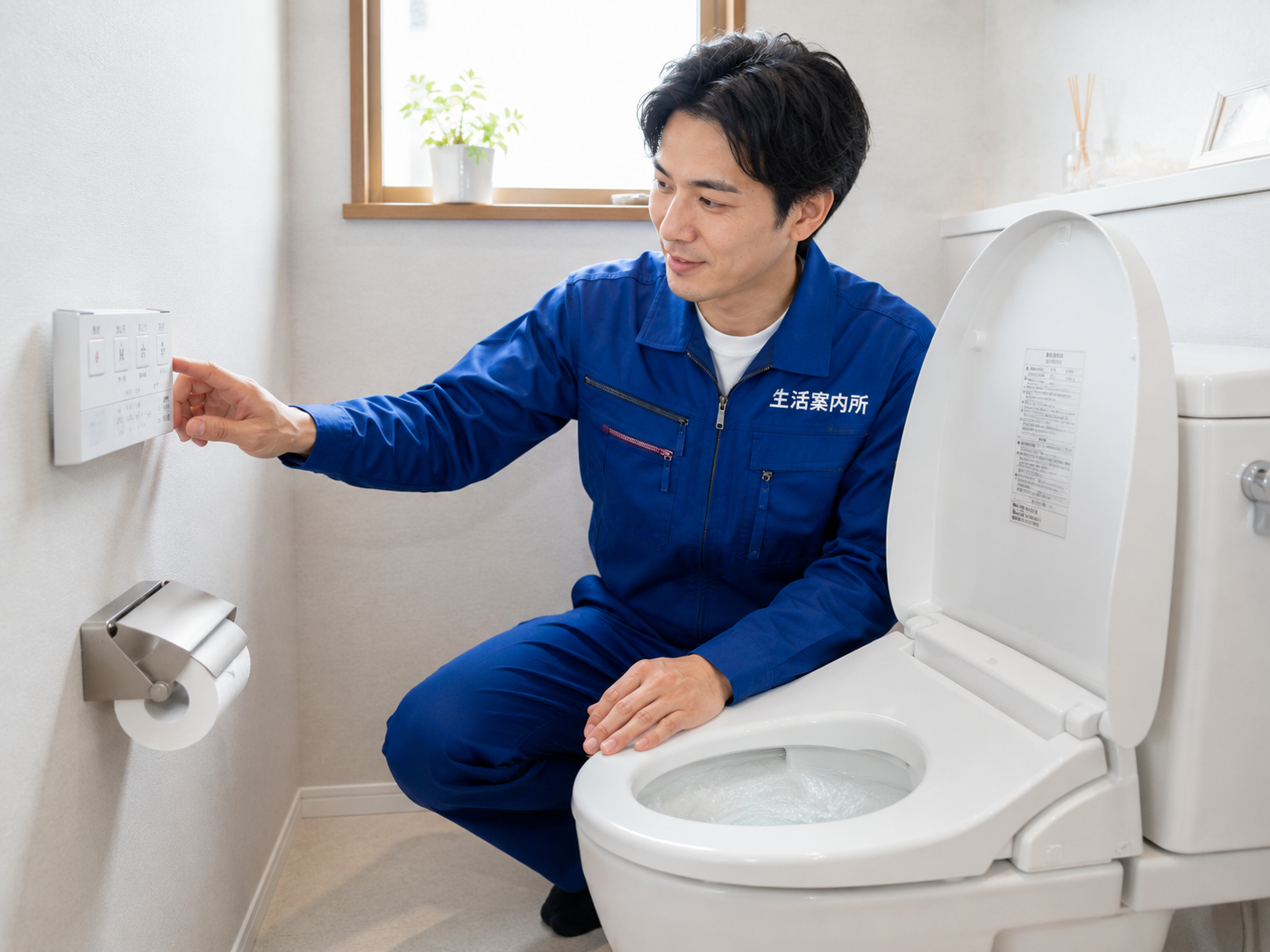 作業後にトイレの水の流れを確認している様子