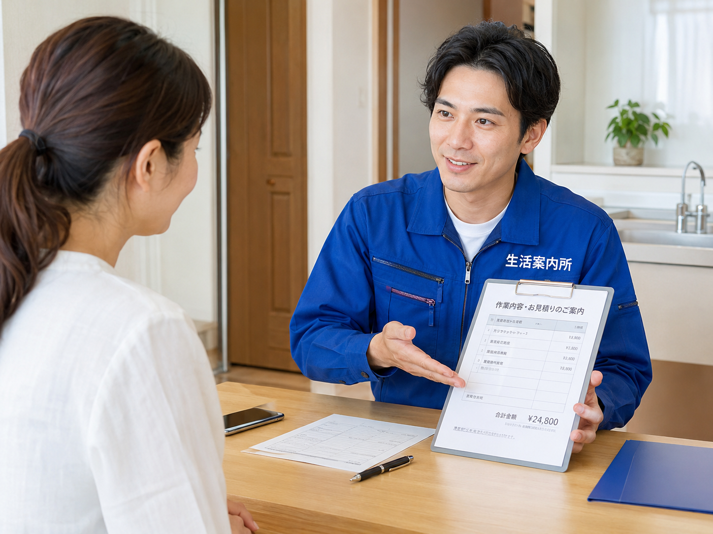 作業前にトイレつまりの作業内容を説明している様子