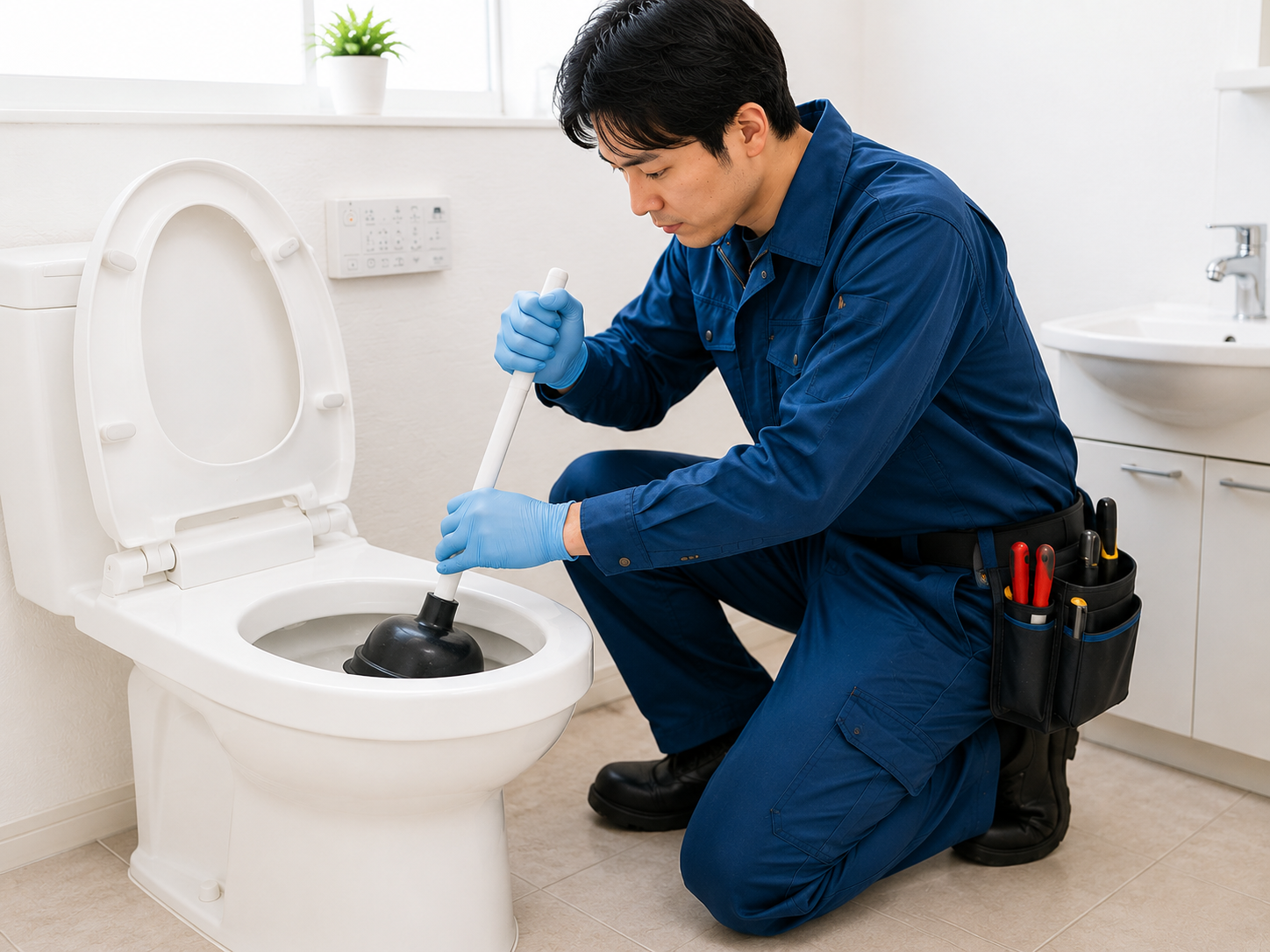 ラバーカップでトイレつまりを確認している様子