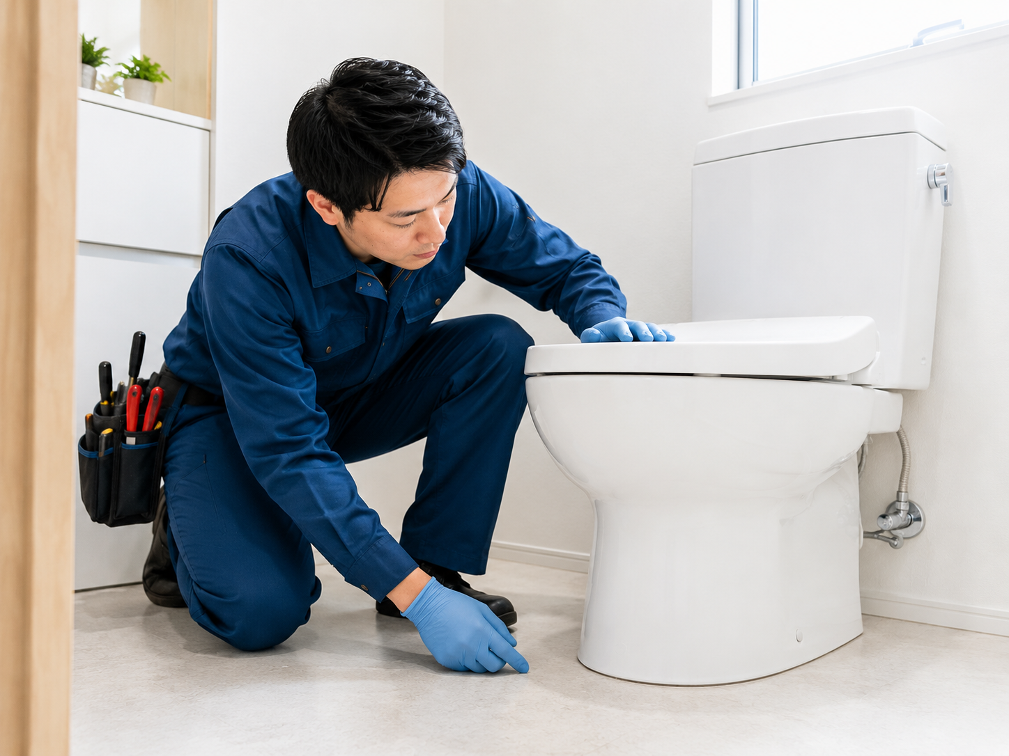 専用工具でトイレつまりを解消している作業風景