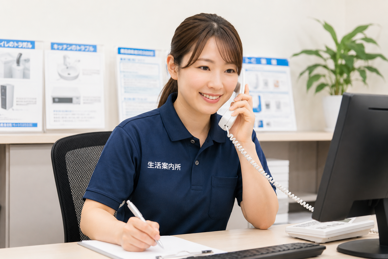 トイレつまりの相談を受け付けているスタッフ