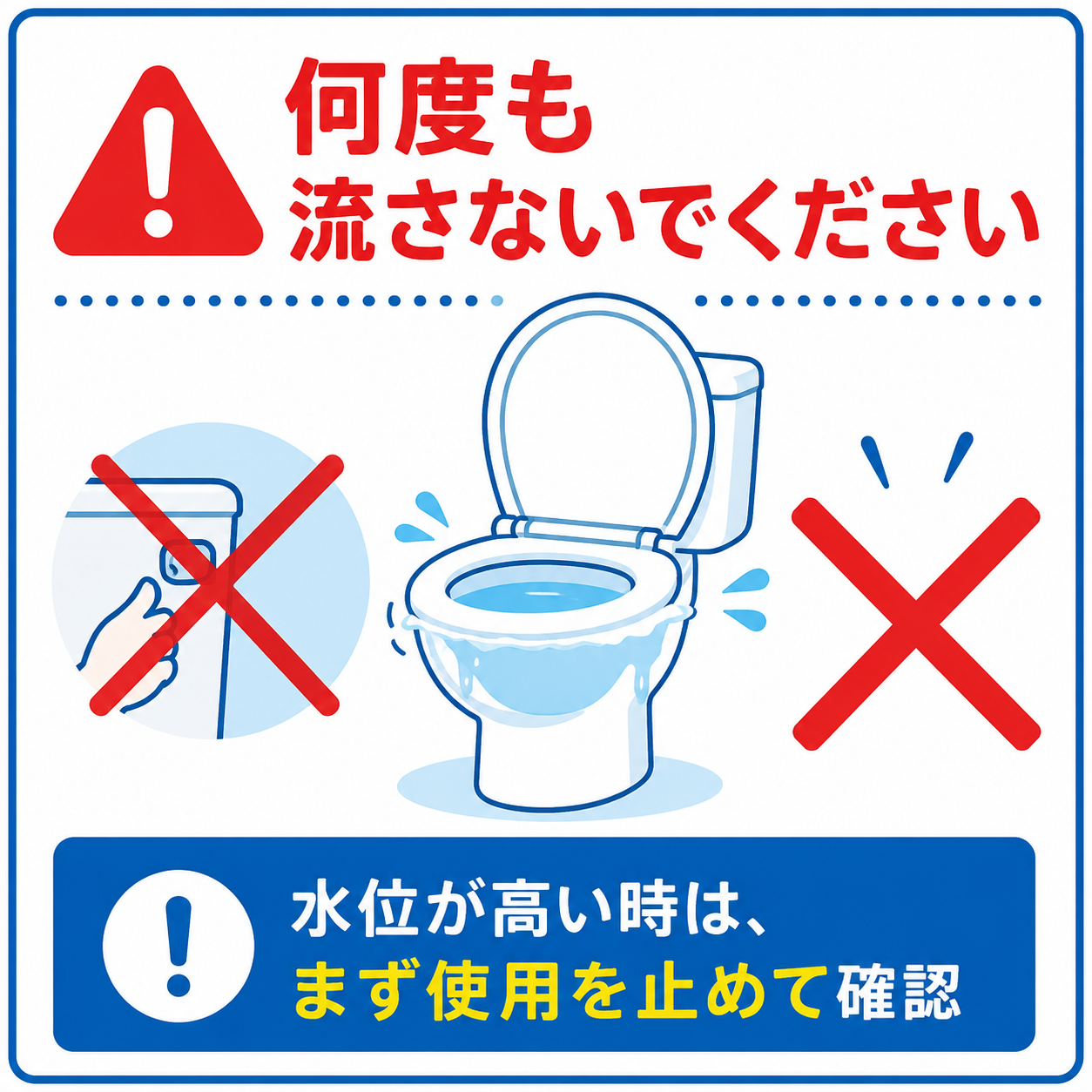 トイレつまりで何度も水を流さないよう注意する図解