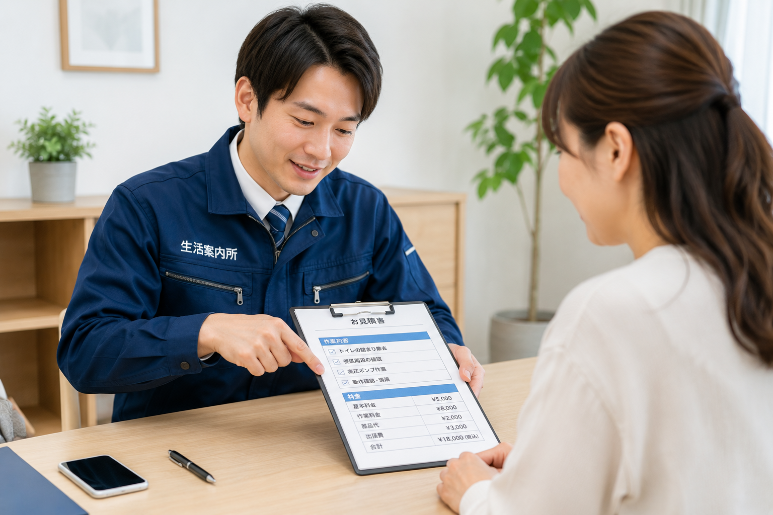作業前に料金と作業内容を確認している様子